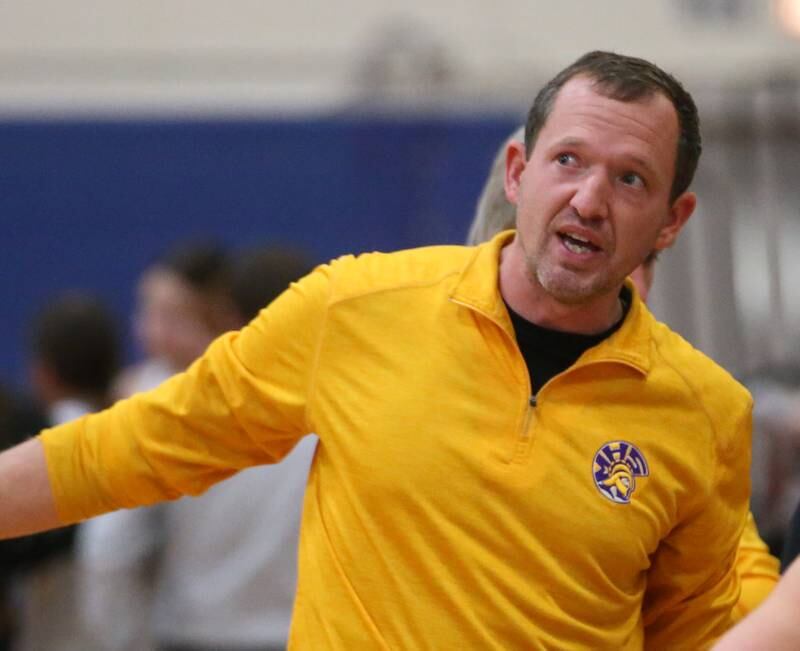 Mendota girls basketball head coach John Hansen talks to his team during a timeout at the Princeton High School Lady Tigers Holiday Tournament on Tuesday, Nov. 14, 2023 in Prouty Gym.