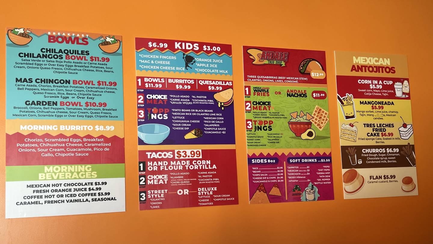The Andale Taco Shop menu features burritos, quesadillas, nacho, breakfast bowls, tacos, corn in a cup and other lesser known dishes, such as the quesabirria and the Mas Chingon breakfast bowl.