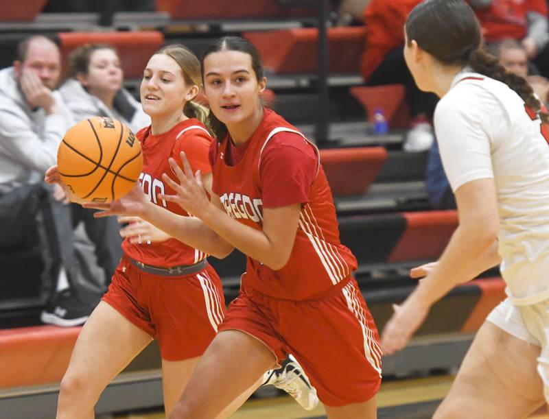 Oregon's Sarah Eckardt (13) looks to pass against Forreston during a Saturday, Jan. 3, 2026 game at Forreston High School.