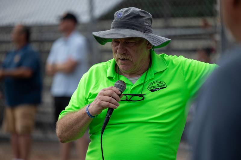 Tim Trevier makes announcements at the Central Region Tournament, opening Ceremony on Friday, July 11, 2025 at Washington Park in Peru.