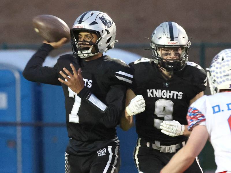 Kaneland's Jalen Carter throws a pass Saturday, Nov. 1, 2025, during their first round playoff game against Lakes at Kaneland High School in Maple Park.