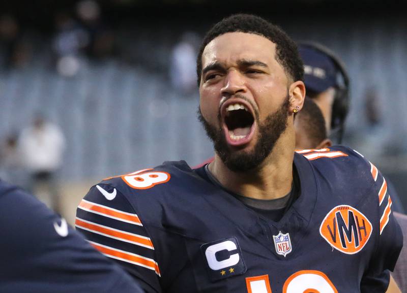 Chicago Bears quarterback Caleb Williams reacts while running off of the field after beating the Dallas Cowboys on Sunday, Sept. 21, 2025 at Soldier Field.
