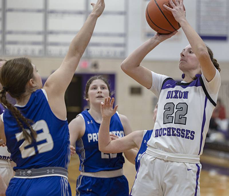 Dixon’s Katie Drew puts up a shot against Princeton Thursday, Jan. 4, 2024 at Dixon High School.