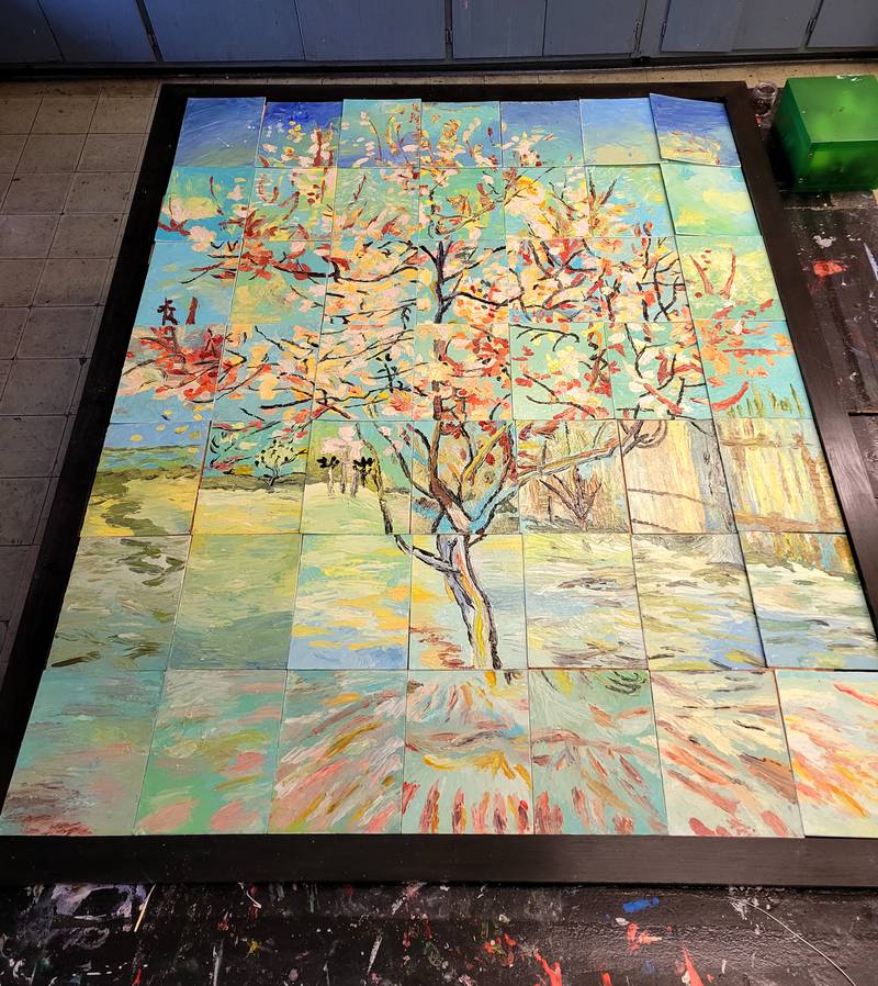 DePue Elementary students chose to create an interpretation of Vincent van Gogh's “The Pink Peach Tree,” not only for the variety of the palette of colors and textures, but also for the symbolic nature of subject matter and content.