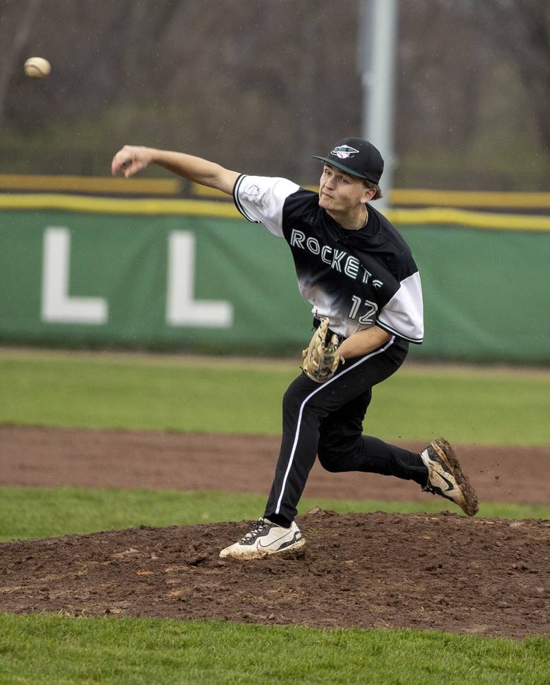 Rock Falls’ Ethan Moeller fires a pitch against Dixon Thursday, April 9, 2026.