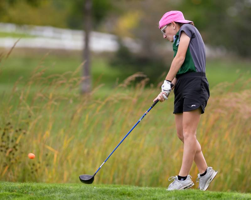 Plainfield Central's Alexis Listermann tees off during Class 3A Plainfield North Regional girls golf tournament on Thursday Sept. 28, 2023 at Whitetail Ridge in Yorkville.