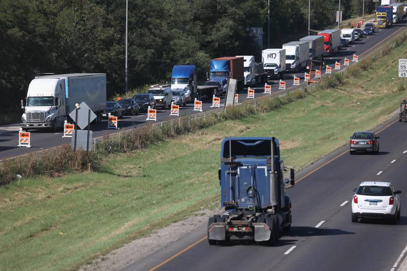 I-80 eastbound traffic merges down to one lane near the Center Street exit. Sept. 9, 2022, in Joliet.