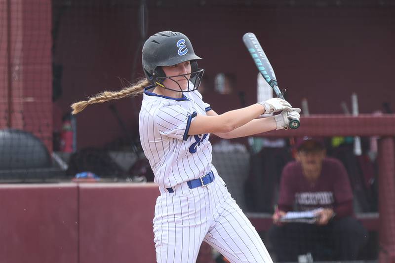 Lincoln-Way East’s Monica Hickey connects against Lockport on Monday, April 13, 2026 in Lockport.