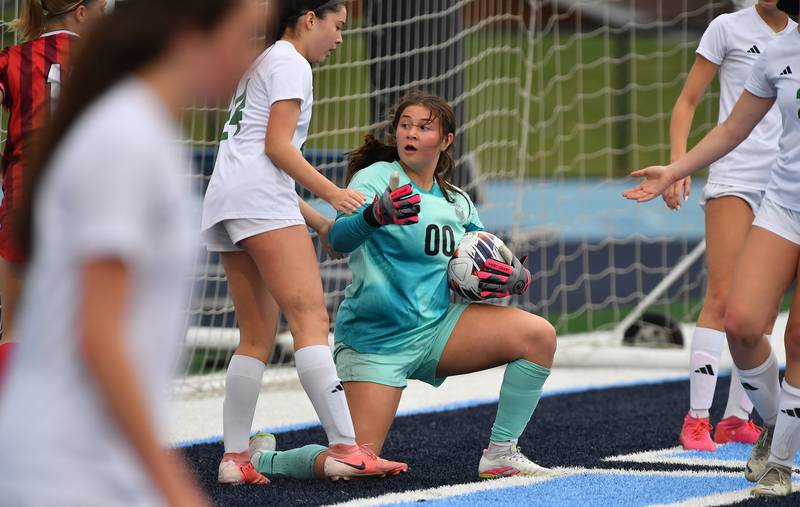 York goalkeeper Ava Lewandowski looks around for a referee after a collision with a Hinsdale Central player while making a save during the Class 3A Downers Grove South Sectional final game on May 30, 2025 at Downers Grove South High School in Downers Grove .