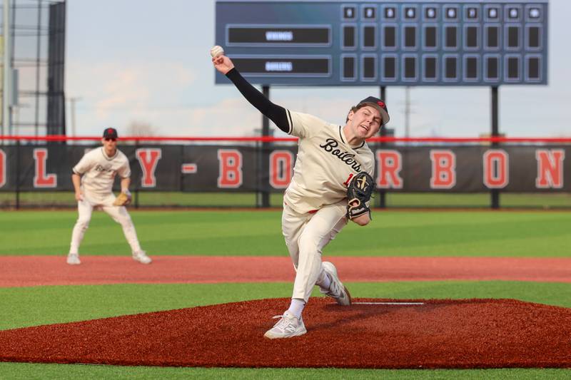 Bradley-Bourbonnais' Liam Martin pitches during the Boilermakers' 8-7 loss to Homewood-Flossmoor on Monday, April 13, 2026.