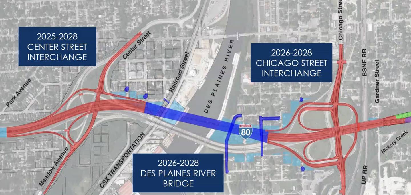A slide from a presentation shown by the Illinois Department of Transportation to the media on Thursday, Feb. 26, 2026, regarding the Interstate 80 reconstruction project progress in Will County.