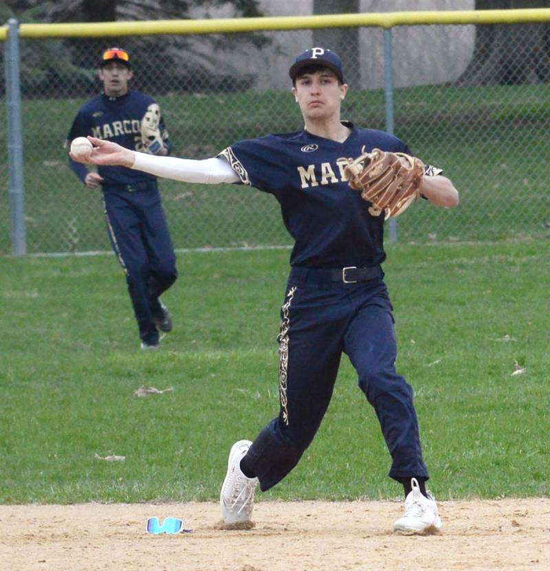 Polo's Gus Mumford throws to first against Morrison during a Thursday, April 10, 2025 game in Polo.