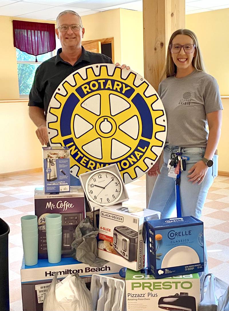 Ottawa Noon Rotary donated new items to the new Arukah Living Room facility at 613 W. Marquette St. in Ottawa this past Saturday. Pictured are Alison White, Arukah’s co-director of Crisis Services  and David Noble, of Ottawa Noon Rotary.