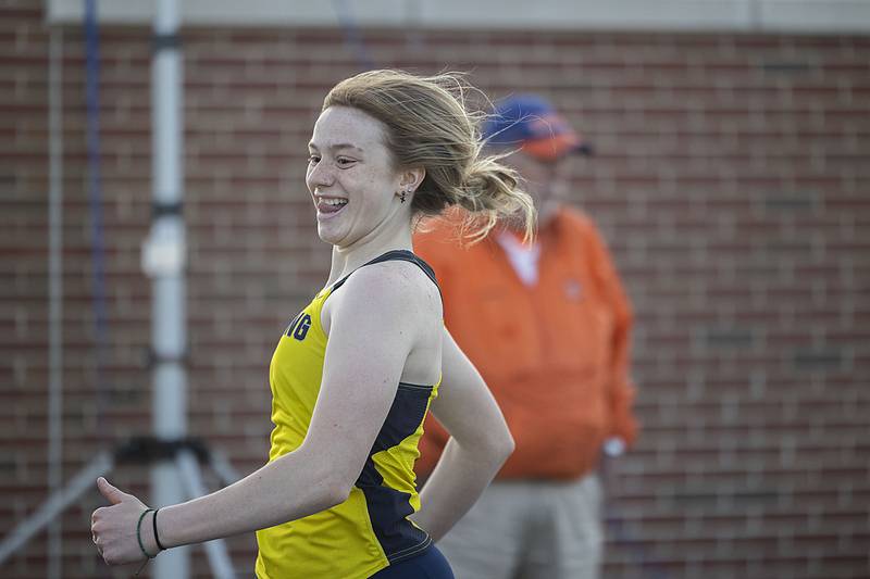 Sterling’s Abby Ryan reacts to winning the 100 shuttle hurdles Thursday, April 27, 2023 at the Sterling Night Relays.