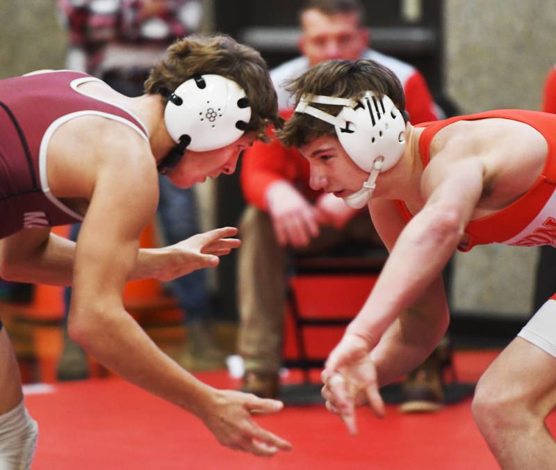 Oregon's Carter Benesh (right) and Marengo's Hayden Bebee face off at 132 pounds during a bout at the Stillman Valley Holiday Tournament on Saturday, Dec. 20, 2025 at Stillman Valley High School.