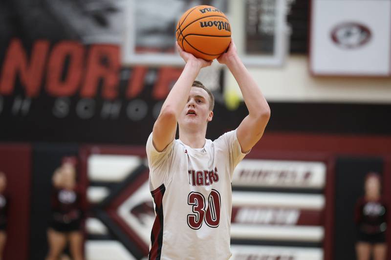 Plainfield North’s Carson Miller takes a free throw against Plainfield East on Tuesday, Dec. 9, 2025 in Plainfield.
