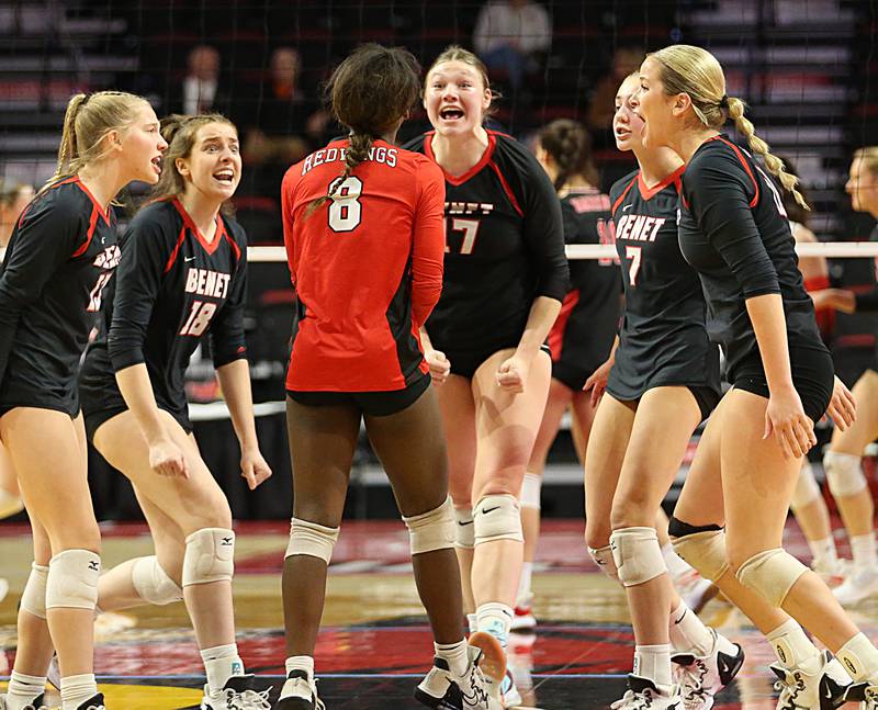 Members of the Benet volleyball team react after scoring a point over Barrington in the Class 4A semifinal game on Friday, Nov. 11, 2022 at Redbird Arena in Normal.