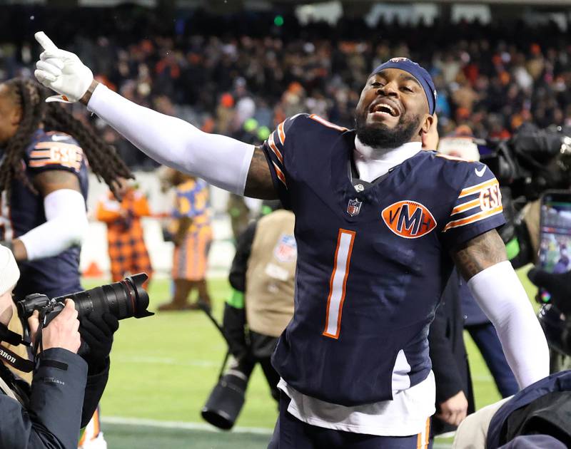 Chicago Bears cornerback Jaylon Johnson celebrates after the Bears 31-27 win over the Green Bay Packers in the NFL Wild Card game Saturday, Jan. 10, 2026, at Soldier Field in Chicago.