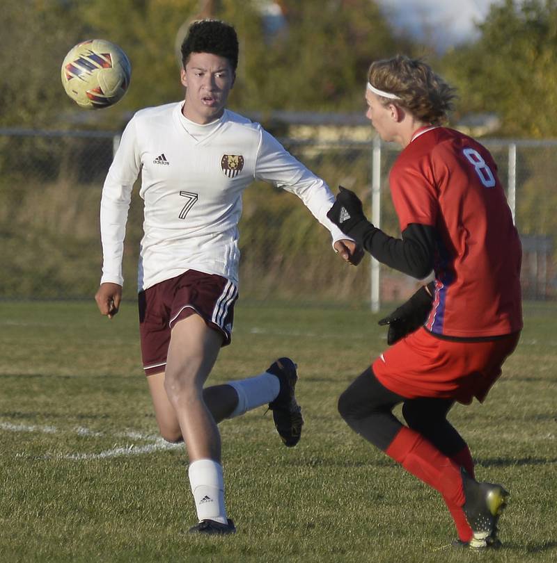 Morris’s Kalen Carver looks to block a shot by Orion’s Alex Syslo in the Class 2A boys soccer Regional on Tuesday, Oct. 18, 2022 at the La Salle-Peru Athletic Complex in La Salle.