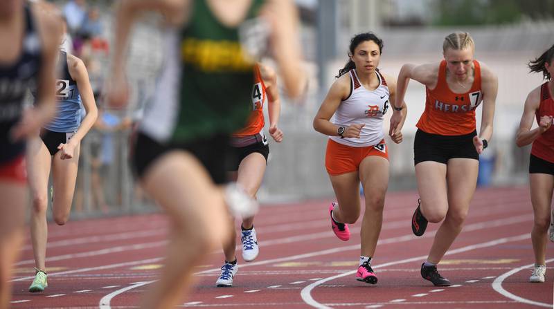 DeKalb’s Korima Gonzalez in the 800-meter run at the Class 3A Rolling Meadows girls track and field sectional meet on Wednesday, May 11, 2022.