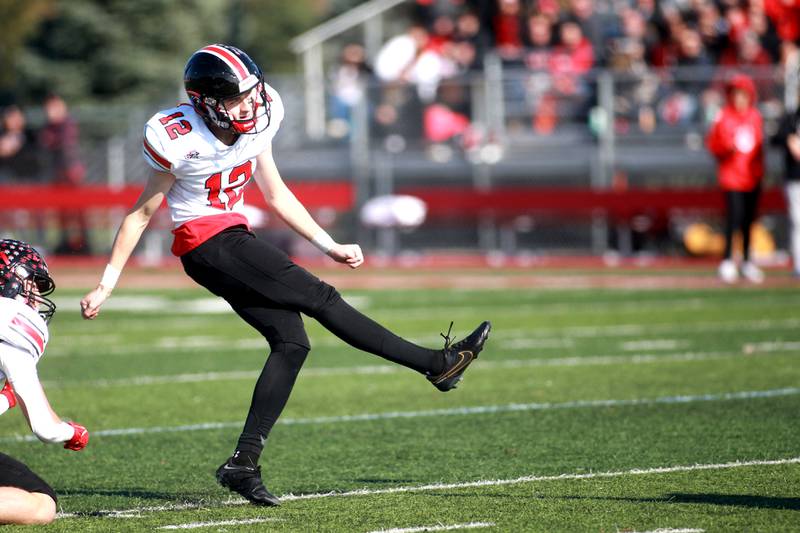 Lincoln-Way Central’s Andrew Schiller kicks a field goal during the Class 7A second round playoff game against Batavia in Batavia on Saturday, Nov. 4, 2023.