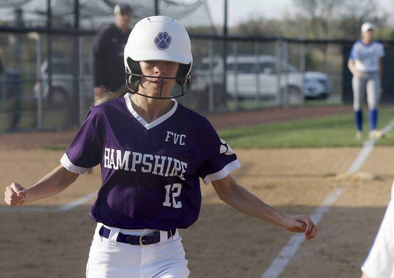 Hampshire's Araceli Villanueva scores a run during a Fox Valley Conference softball game against Burlington Central on Tuesday, April 21, 2026, at Hampshire High School.