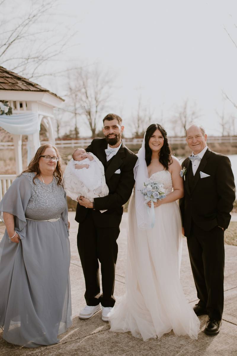 Janet and Bob Palkon of Joliet are pictured with their daughter Mary Kate, son-in-law Brandon and granddaughter Daisy on Mary Kate and Brandon's wedding day, Saturday, March 28, 2026.