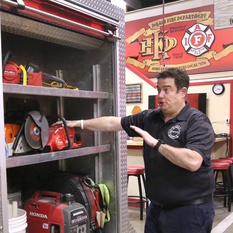 DeKalb firefighter/paramedic Pat Eriksen talks Wednesday, April 17, 2024, at the DeKalb Fire Department Fire house No. 1, about the daily check he performs to make sure the truck he drives is always stocked with the necessary equipment before he starts his shift.