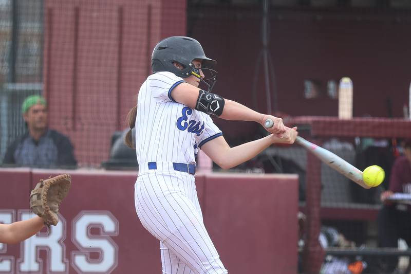 Lincoln-Way East’s Mia Balta connects for a single against Lockport on Monday, April 13, 2026 in Lockport.