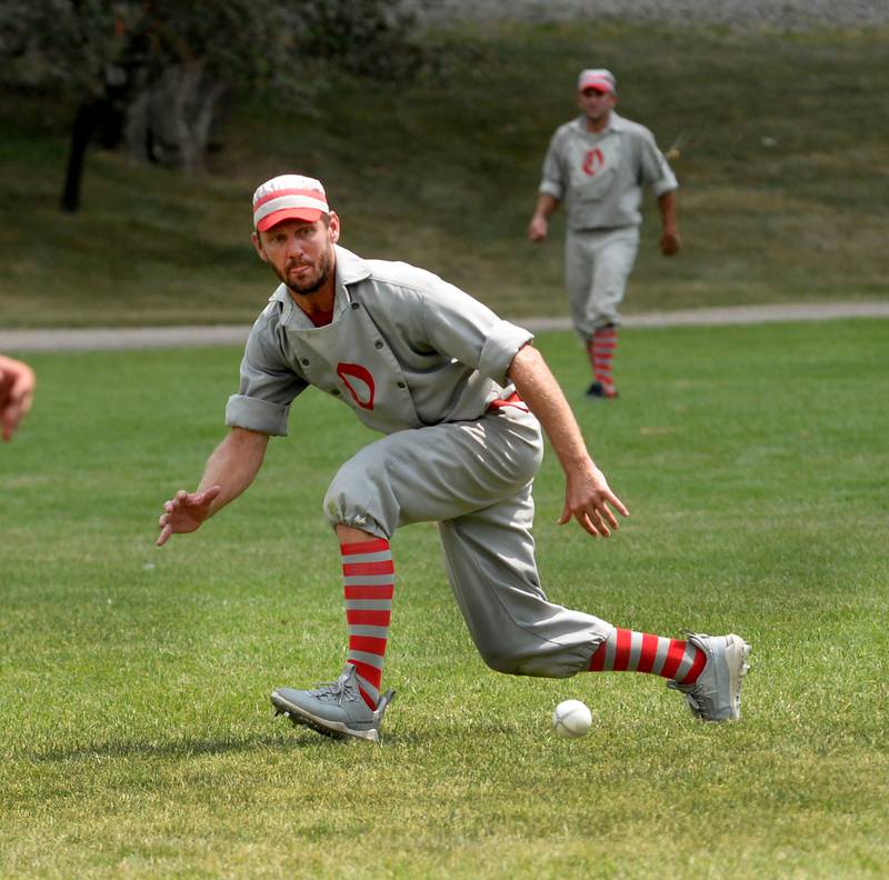 Ganymede shortstop, Brett Rogers tracks a ground ball against the Bay City Independents during the World Tournament of Historic Base Ball held at the Henry Ford Museum's Greenfield Village on Saturday, Aug. 9, 2025.