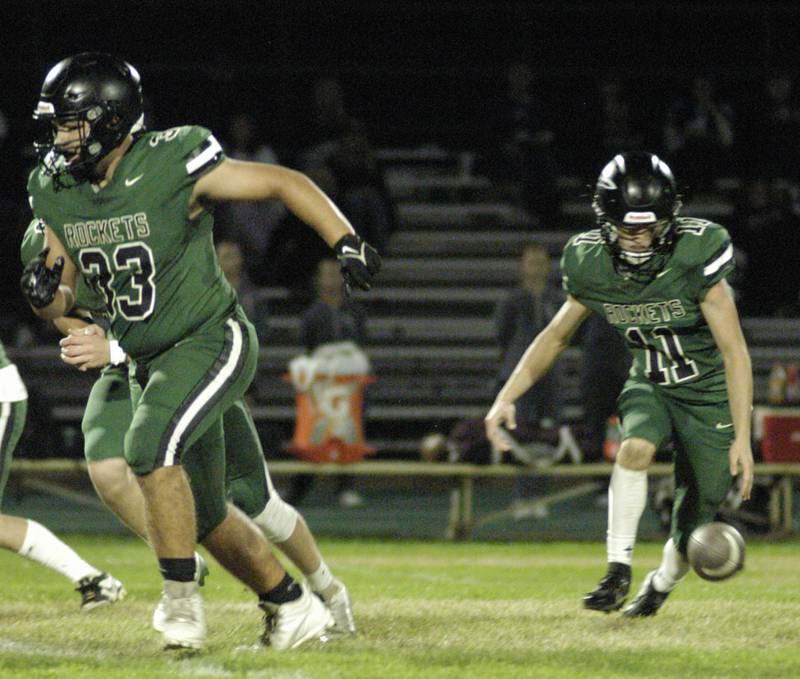 Logan Thome of Rock Falls scoops up a loose bal. The Grey Ghosts of Illinois Valley Central traveled to Hinders Field in Rock Falls on Friday, October 10, 2025 to take on the Rockets.