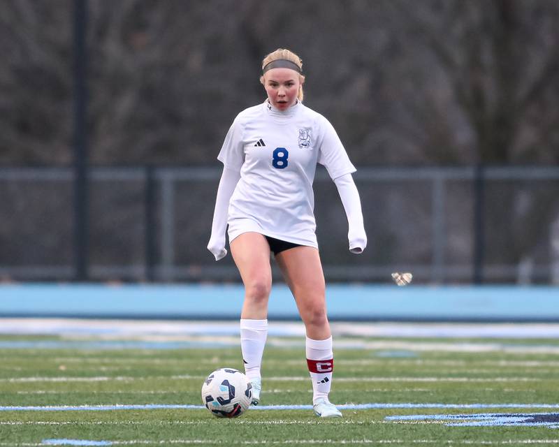 Riverside-Brookfield's Lucy Drenth (8) handles the ball during soccer match between Riverside-Brookfield at Downers Grove South.  April 10, 2025.