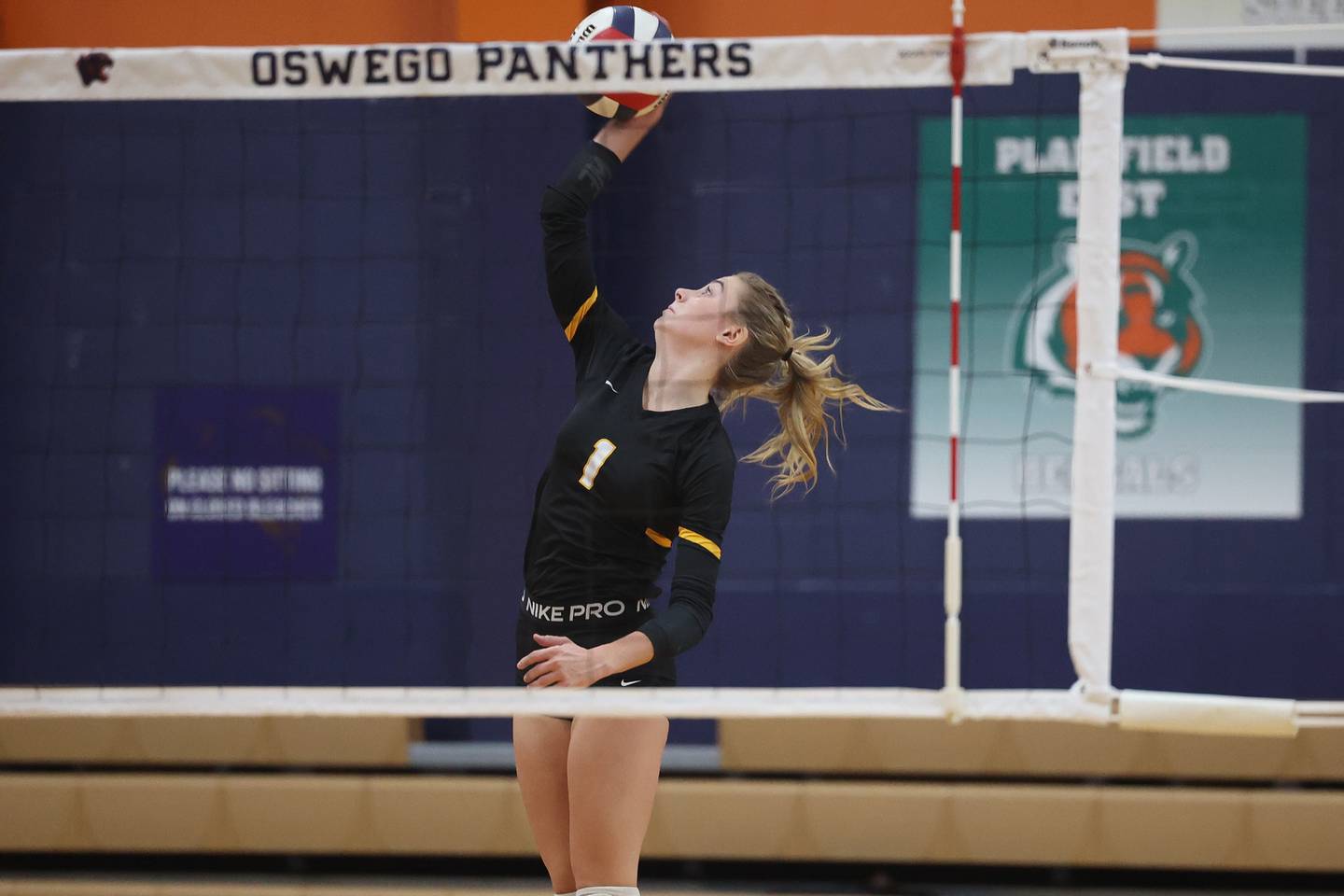Joliet West’s Ava Grevengoed goes for the kill against Lockport in the Class 4A Oswego Sectional championship on Wednesday, Nov. 1, 2023 in Oswego.