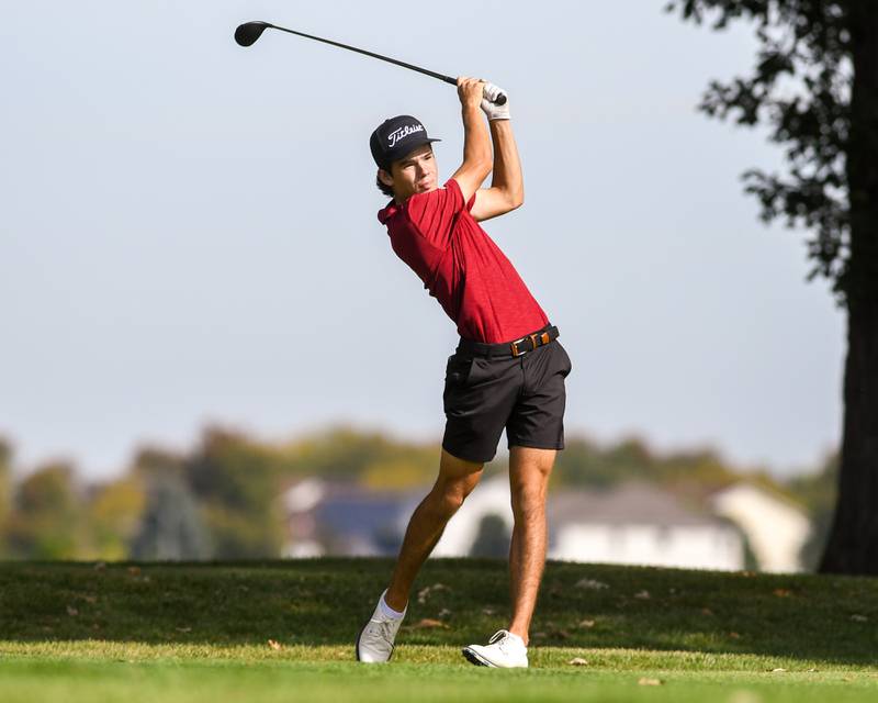 Patrick Cosgrove of Plainfield North watches his tee shot on Wednesday Oct. 1, 2025, during the Plainfield Central regional held at Wedgewood Golf Course in Plainfield.