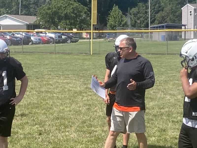 Washington head coach Todd Stevens, a PHS alum, coaches during the controlled scrimmage at Little Siberia in Princeton on Thursday, July 18.