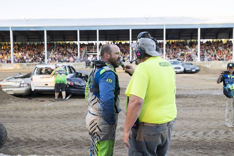 Brad Shippert of Dixon gets interviewed after his first showing Thursday, August 17, 2023 during the Full Throttle Monster Truck show at the Whiteside County Fair.