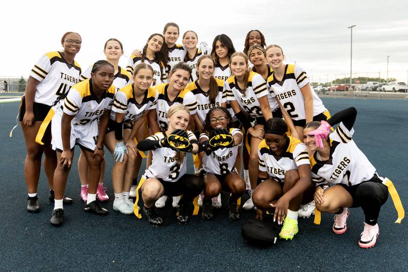Joliet West’s varsity flag football players pose for a photo before taking on Plainfield South at Plainfield South on Aug. 27, 2025.