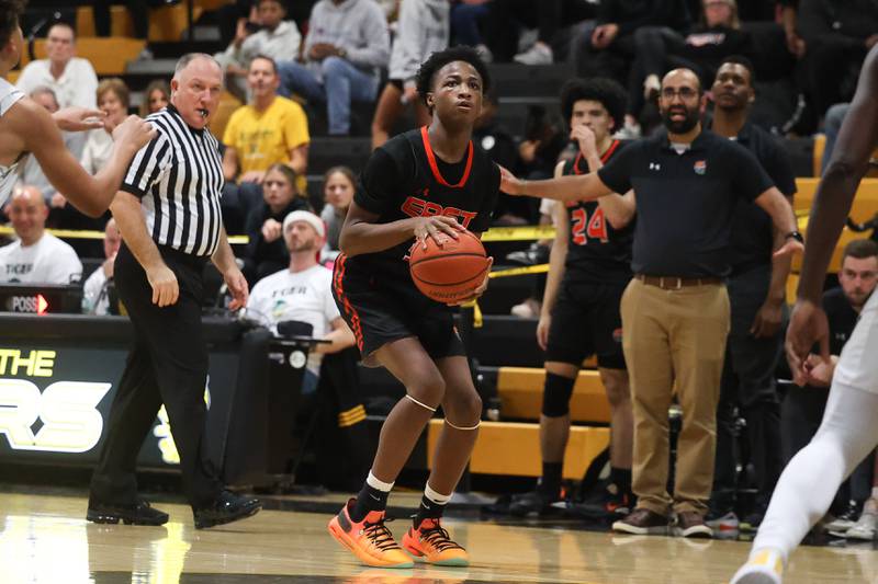 Plainfield East’s Alijah Little lines up the three point shot against Joliet West on Friday, Dec. 8th, 2023 in Joliet.