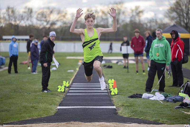 Rock Falls’ Ajay Kobbeman competes in the triple jump Friday, April 21, 2023 at the Rock Falls Rocket Invitational.