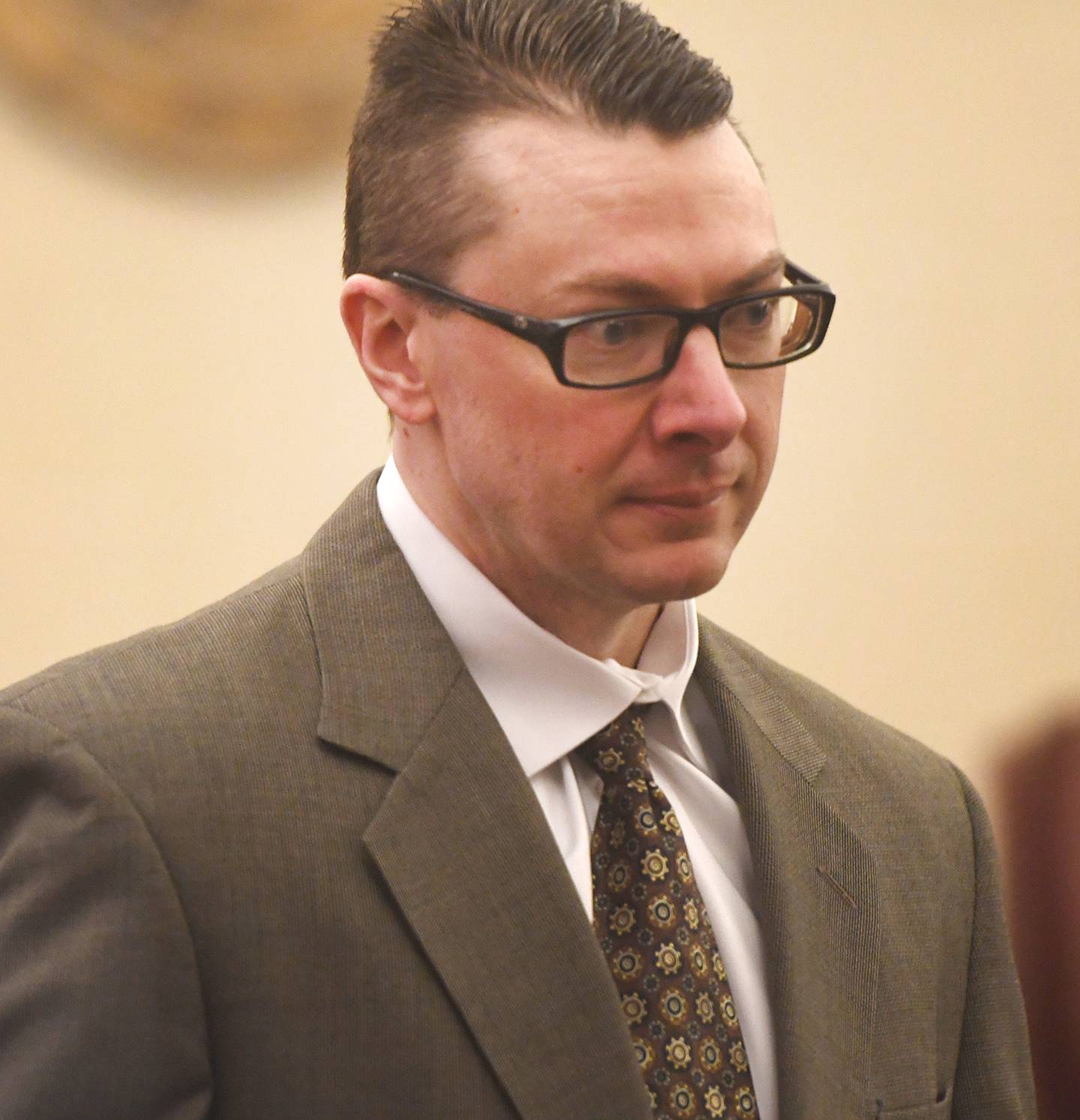 Duane C. Meyer enters the courtroom where his trial is being held in the Ogle County Judicial Center in Oregon on Thursday, Jan. 15, 2026.
