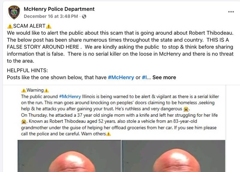 A screen shot from the McHenry Police Department Facebook page from Dec. 16, 2024. The department asks residents to think before they repost, and note the Facebook group it came from is filled with scam posts.