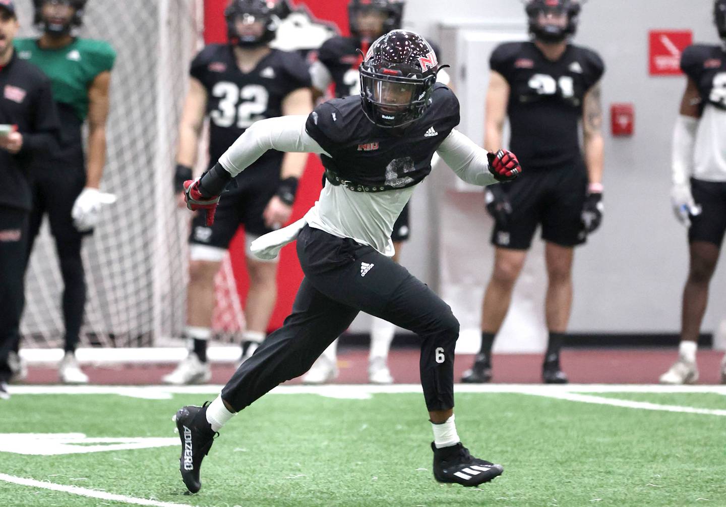 Northern Illinois University safety CJ Brown drops into coverage during spring practice Wednesday, April 6, 2022, in the Chessick Practice Center at NIU in DeKalb.