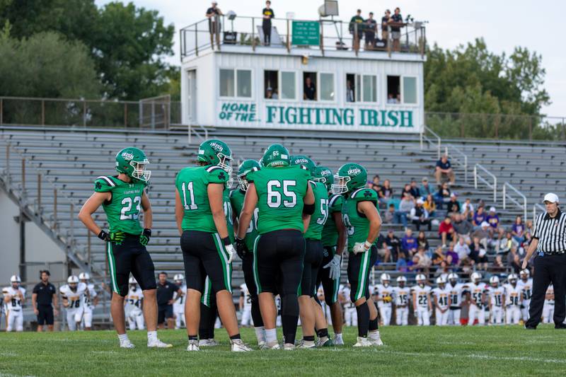 Seneca huddles during game against Chicago Christain on Friday, Aug 29, 2025 at Seneca High School in Seneca.
