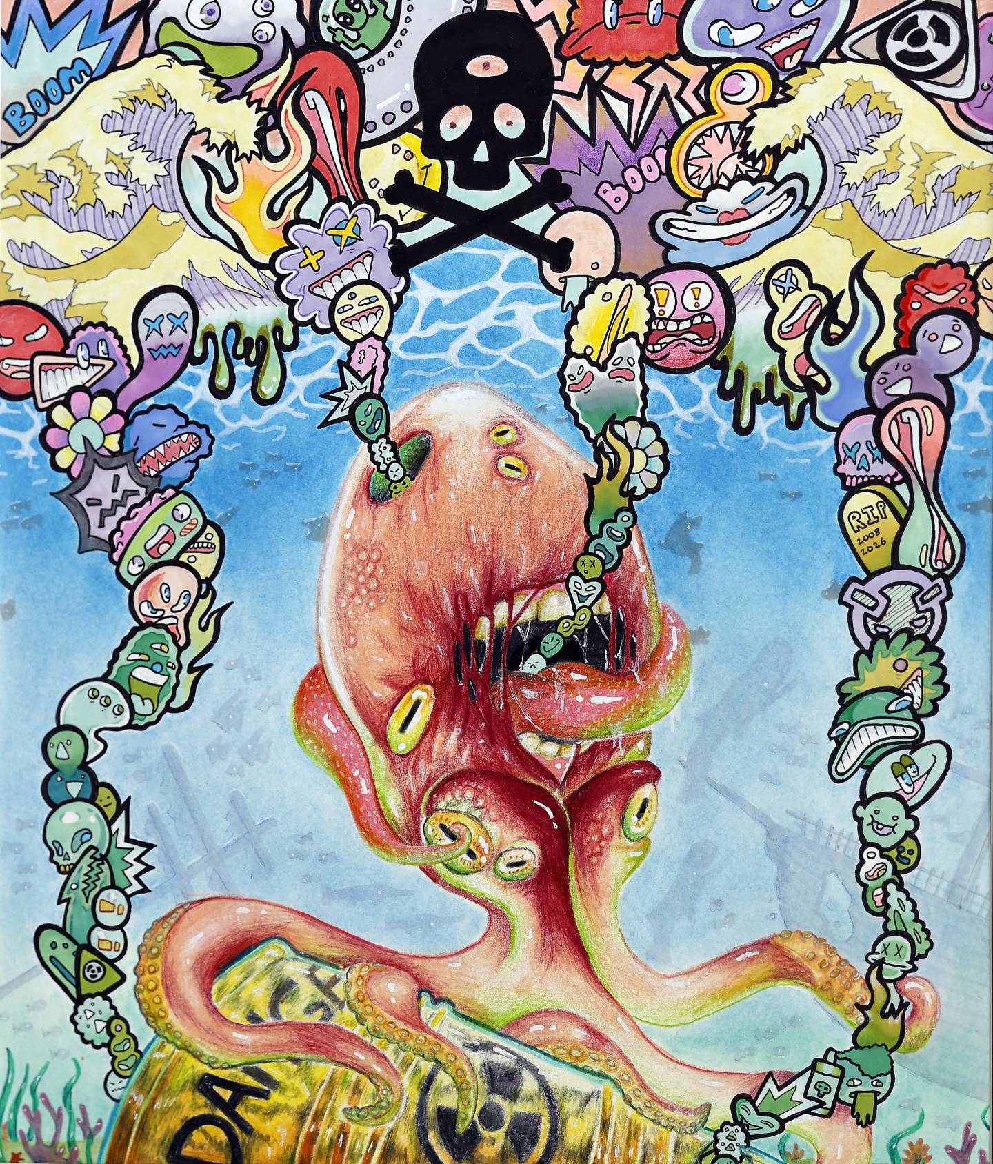 “Baneful Deep Sea Mollusk,” a drawing by Downers Grove North High School senior Dashiell Speir. The piece is a commentary on pollution. It was made using alcohol markers, colored charcoal, colored pencil and watercolor paint, “which is completely new to me,” Speir said.