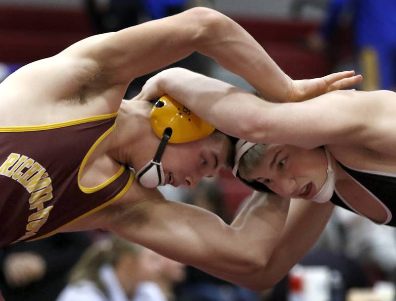 Marian Central’s Jimmy Mastny battles with Richmond-Burton’s Breckin Campbell in the 190-pound championship match of the IHSA 1A Marengo Wrestling Regional on Saturday, Feb. 8, 2025, at Marengo High School.