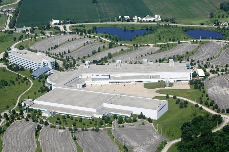 An aerial view of the former Motorola campus in Harvard. A Chicago company recently secured a lien on the 1.5-million-square-foot building after Miami-based Optima Ventures failed to pay more than $300,000 in property taxes to the county this fall.