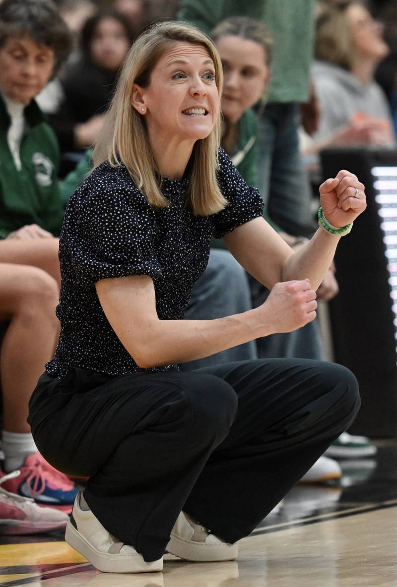 Glenbard West girls basketball coach Kristi Faulkner leads the Hilltoppers against Fremd during the Hersey Class 4A supersectional at Forest View Education Center on Monday, March 3, 2025 in Arlington Heights.