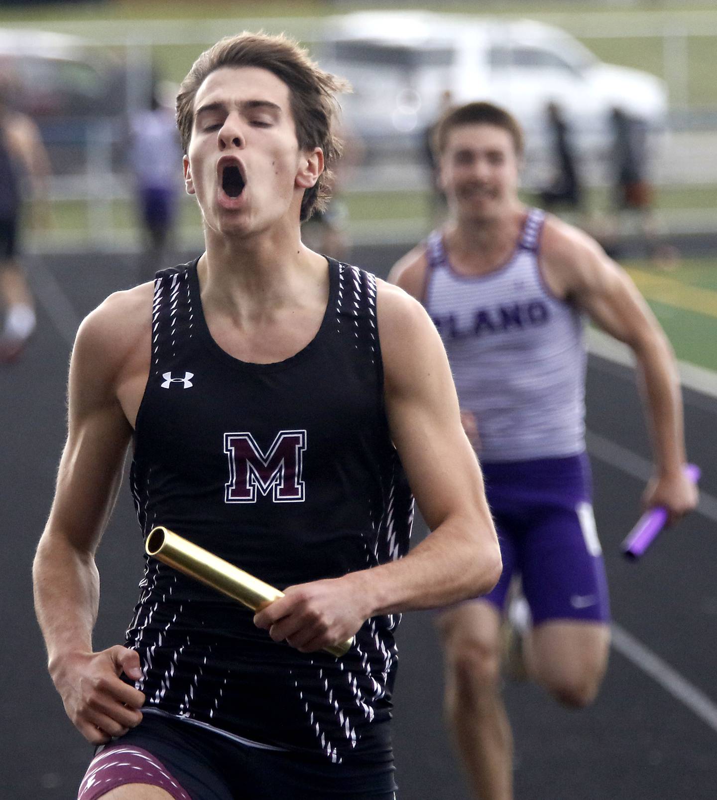 Marengo’s Jackson Heimsoth celebrates as his team wins the 4X100 meter relay during the Kishwaukee River Conference Boys Track and Field Meet on Tuesday, May 12, 2026, at Johnsburg High School.