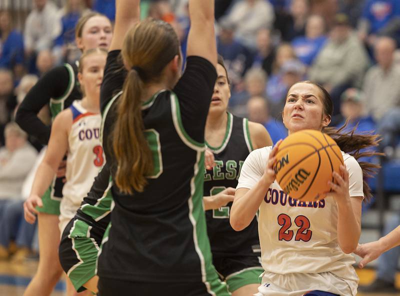 Eastland’s Sienna Peterson looks to make a play against Wethersfield Tuesday, Feb. 24, 2026, in the Class 1A sectional at Eastland High School.