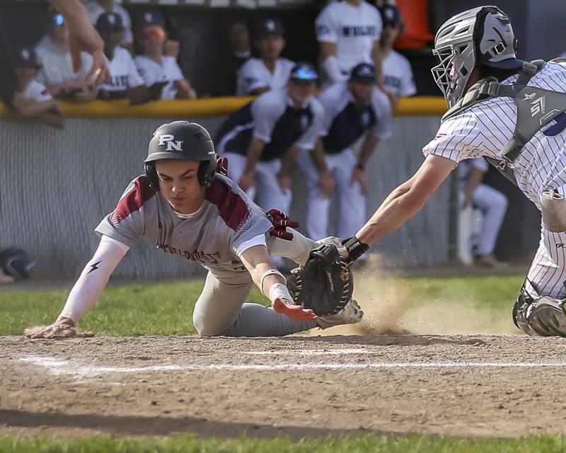 Plainfield North's Luca Agne (12) is tagged out at the plate during baseball game between Plainfield North at Oswego East, Monday, April 28, 2025 in Oswego.